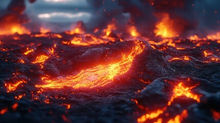 Molten lava flowing over solidified volcanic surface, natural force, geological phenomenon, magma, volcanic eruption, extreme heat, lava flow texture, Earth's natural power