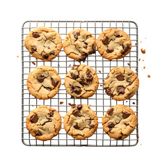 Chocolate Chip Cookies Cooling on a Wire Rack Isolated on Transparent Background