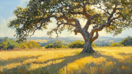 Fototapeta premium Majestic Oak Tree in Golden Sunlight Over Rolling Hills