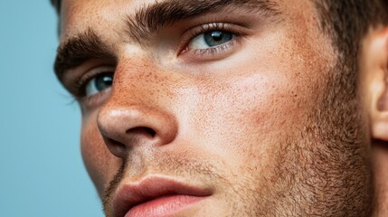 Obraz premium A young man gazes intently, showcasing his vivid blue eyes and a slight stubble. The soft background accentuates his facial features and natural beauty