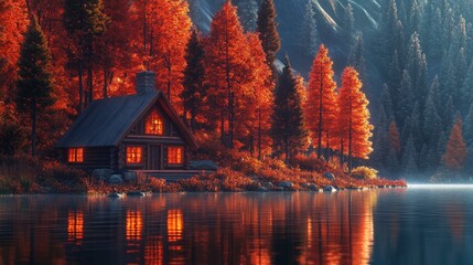 Naklejka premium Autumn Cabin Lakeside Peaceful Forest Scenery