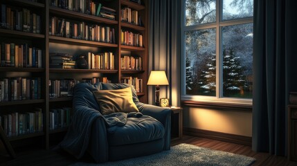 Fototapeta premium Cozy Reading Nook Near Window on Rainy Evening