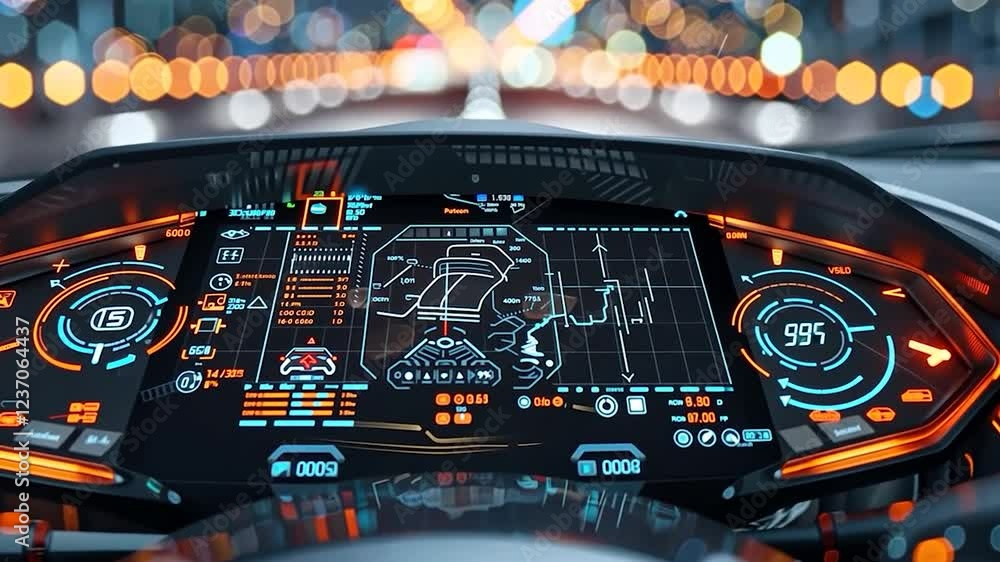 Aufkleber futuristic car dashboard with digital display and illuminated controls.