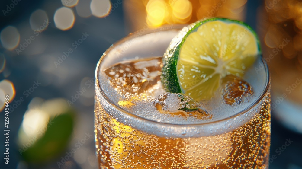 Poster a sparkling drink with ice and a slice of lime is displayed in a clear glass, creating a refreshing 