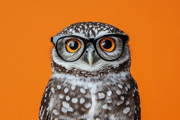 owl wearing glasses, front view, against an orange background. 