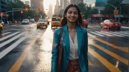 Fototapeta premium Confident Young Indian Woman Walking Wet Urban Crosswalk at Golden Hour: Backlit Sunlight Glow, Sharp Blazer, and Leather Tote in Modern City Energy