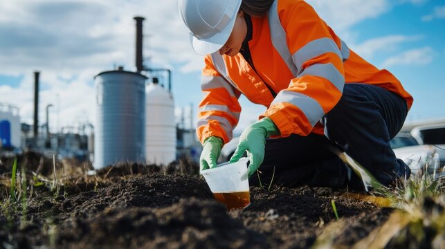 An environmental scientist conducting soil contamination tests in an industrial site, with soil samples and testing equipment visible, Soil contamination testing scene