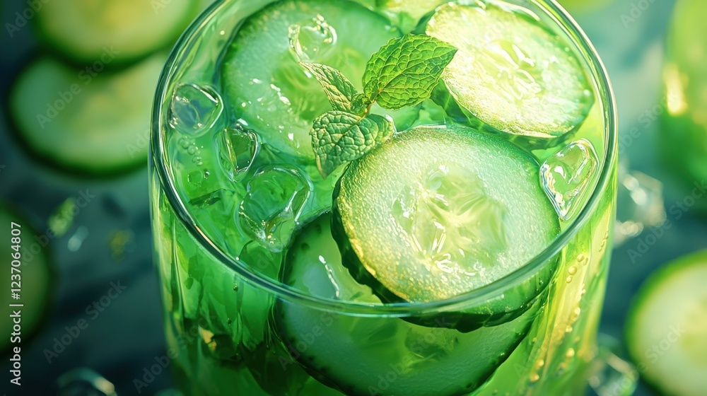 Poster a clear glass filled with a refreshing cucumber mint drink sits on a table, adorned with ice cubes a