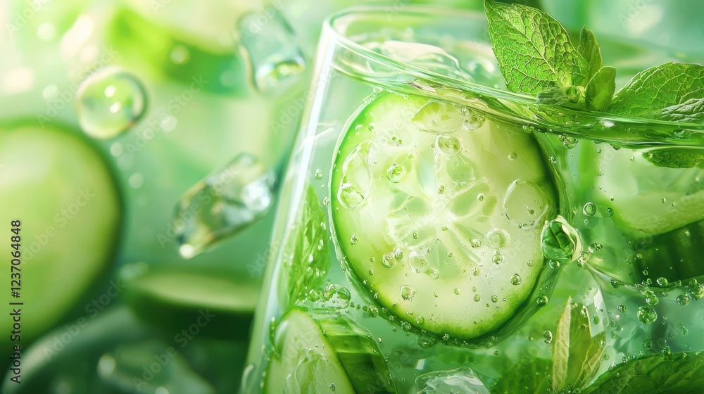 Poster a vibrant drink made with cucumber slices and fresh mint leaves sits surrounded by ice cubes. the se