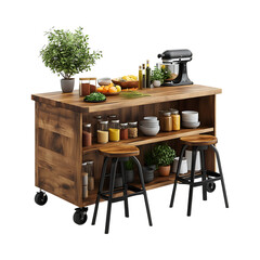Multifunctional Kitchen Island with Bar Stools and Pots Isolated on Transparent Background