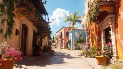 Sunny Street Scene in a Colorful Coastal Town