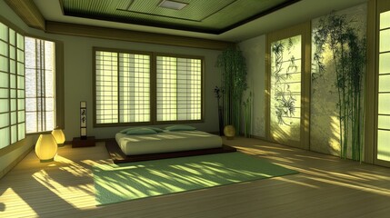 Fototapeta premium Serene Zen Bedroom Design With Bamboo Accents