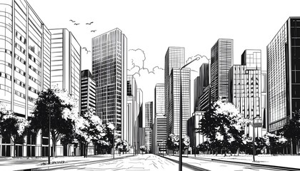 Cityscape Sketch Showing Tall Buildings and Trees
