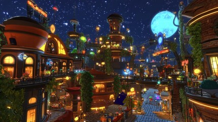 Obraz premium A Nighttime View of a Whimsical Futuristic Cityscape