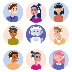 Customer Service Team with Human and AI Assistants icons. Set of diverse customer support representatives wearing headsets, chatbot assistant for call centers, online support,virtual assistance.Vector