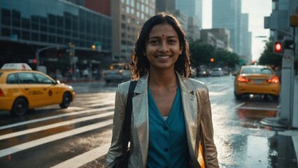 Fototapeta premium Confident Young Indian Woman Walking Wet Urban Crosswalk at Golden Hour: Backlit Sunlight Glow, Sharp Blazer, and Leather Tote in Modern City Energy