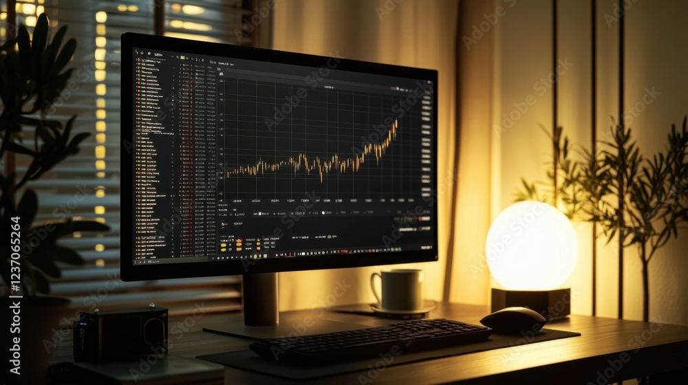 Poster a desktop setup features a high-resolution monitor showing a stock market chart. soft lighting creat
