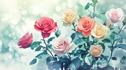 Obraz premium Roses of various colors beautifully blossom in a lush garden. Soft light enhances their vibrant hues, creating a peaceful and enchanting environment for onlookers