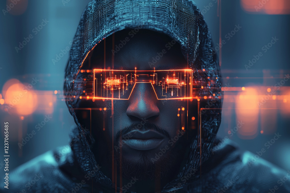 Poster young coder wearing hooded jacket, focused on defending against cyberattacks, with digital graphics 