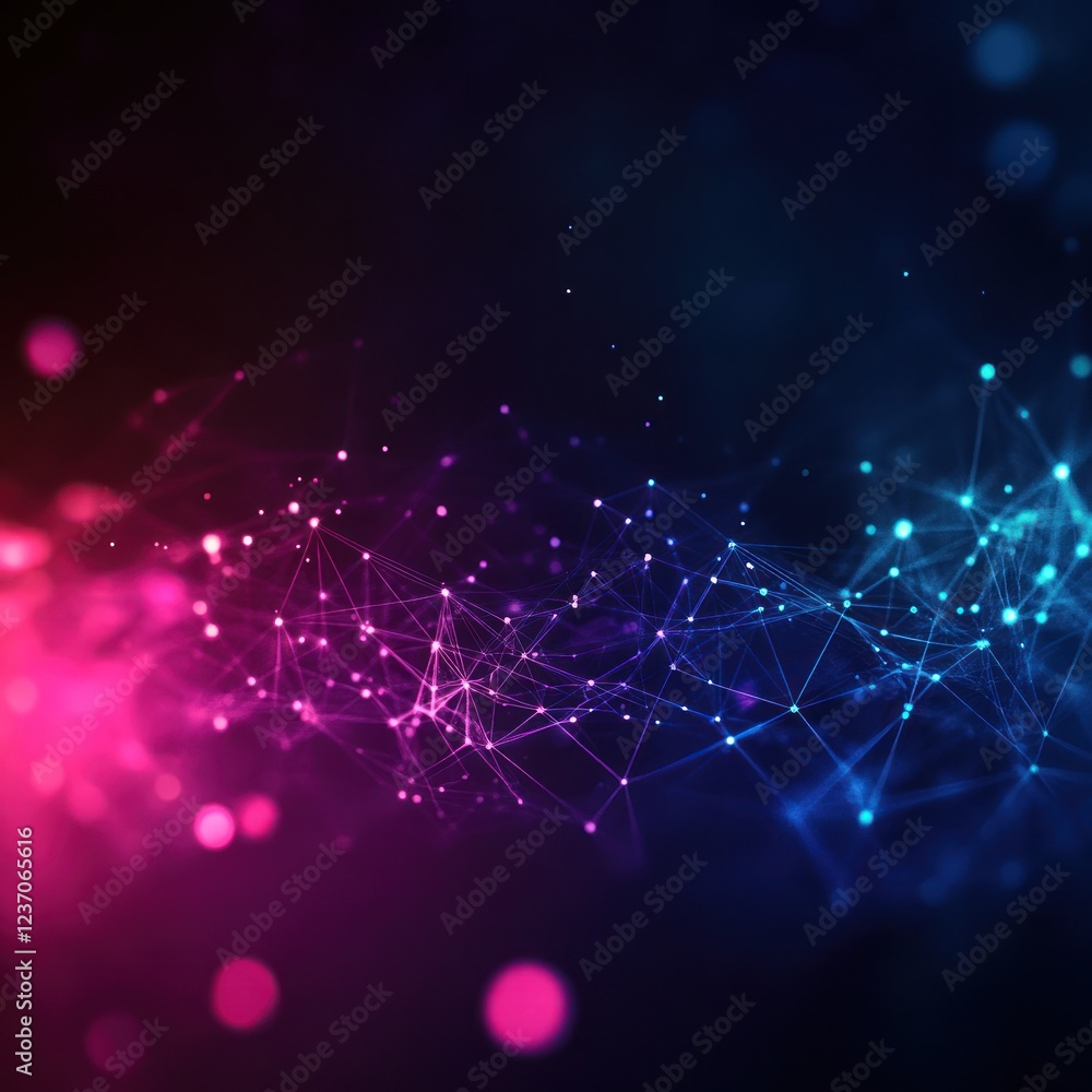 Poster abstract network of lines, dots connecting pink and blue gradient, bokeh background for tech use