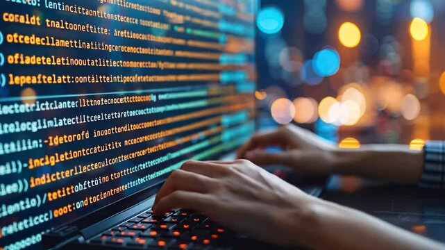 Hands typing on a laptop with colorful coding on the screen.