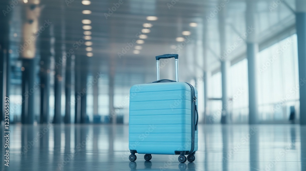 Canvas Prints Blue travel suitcase on wheels at the airport, with a panoramic background. Travel luggage in an empty hall with copy space for your text and advertising banner. 