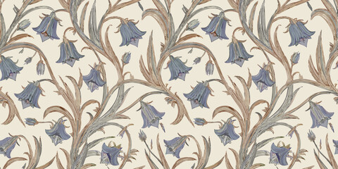 Repeating floral pattern with bluebell-like flowers and stylized foliage in muted, earthy tones set against a light background.