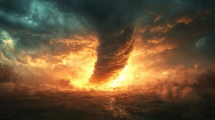 Fototapeta premium A powerful tornado approaches a desolate landscape, lifting dust and destroying everything in its path. Perfect for themes of natural disasters, climate change, and extreme weather