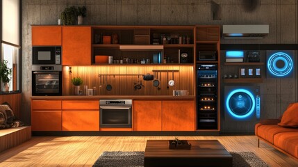 Fototapeta premium Modern Orange Kitchen With Smart Home Technology Integration