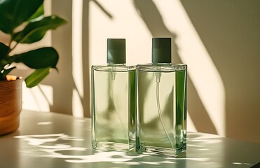 Two green glass perfume bottles on a white surface, illuminated by sunlight.