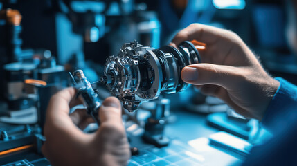 Inventor Presenting a Miniature Mechanical Device Model to Engineers in a Workshop with Technical Schematics and Design Blueprints in the Background