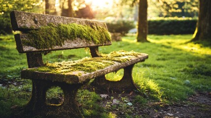 Moss Covered Wooden Park Bench In Sunlight