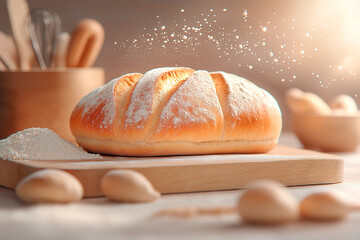 Baking tools surround freshly baked bread, kitchen scene alive with craftsmanship, kitchen textures...