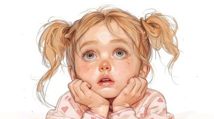 Fototapeta premium cartoon of a baby girl looking up, two hands touching her cheeks, with an exaggerated surprised expression