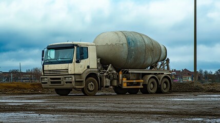 Dirty Cement Mixer Truck on Muddy Construction Site