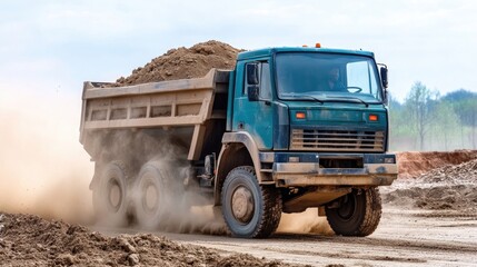 Obraz premium Large dump truck hauling a load of dirt on a construction site