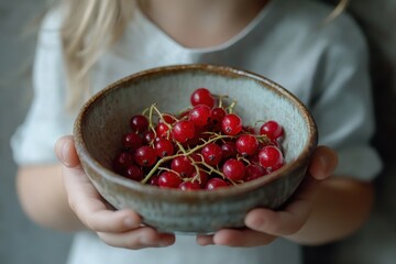 A child offers a bowl of bright redcurrant berries highlighting a cozy natural vibe