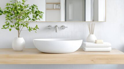 Fototapeta premium Modern bathroom sink, wood counter, plants, serene