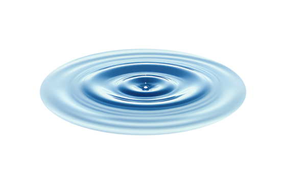 The scene is a single, focused view of a drop of water impacting a surface, creating concentric ripples, Isolated on Transparent and White Background
