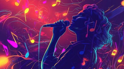 A singer stands passionately in front of a lively backdrop, surrounded by swirling musical notes and bright colors, creating an energetic atmosphere of creativity and expression
