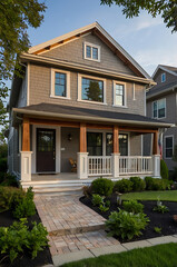 Obraz premium Dream Suburban Home: Craftsman Style House Exterior with Landscaping and Porch