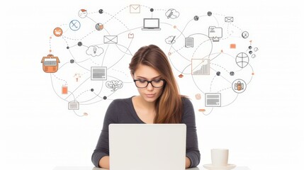 corporate cartoon of female using computer to research writing ideas