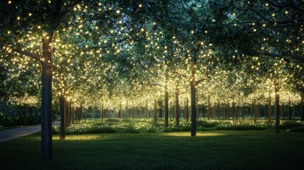 Obraz premium A tranquil forest glimmers with numerous twinkling lights draped among the trees, casting a warm glow on the surrounding grass as evening falls