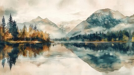Naklejka premium A tranquil lakeside view reveals majestic mountains and colorful autumn trees reflecting on still water. The soft dawn light enhances the serene atmosphere