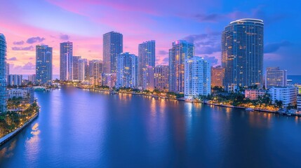 Fototapeta premium Miami Skyscrapers at Dusk Cityscape Waterfront View