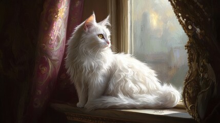A white fluffy cat sits gracefully on a windowsill, gazing outside. Sunlight filters through delicate curtains, illuminating the cat's soft fur in a cozy room setting
