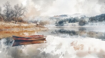 A tranquil lake surrounded by misty hills showcases a red boat drifting gently on still water under a soft morning light. Trees are silhouetted along the shoreline