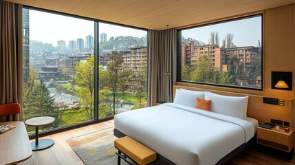 Luxury Hotel Room with Panoramic City and River View