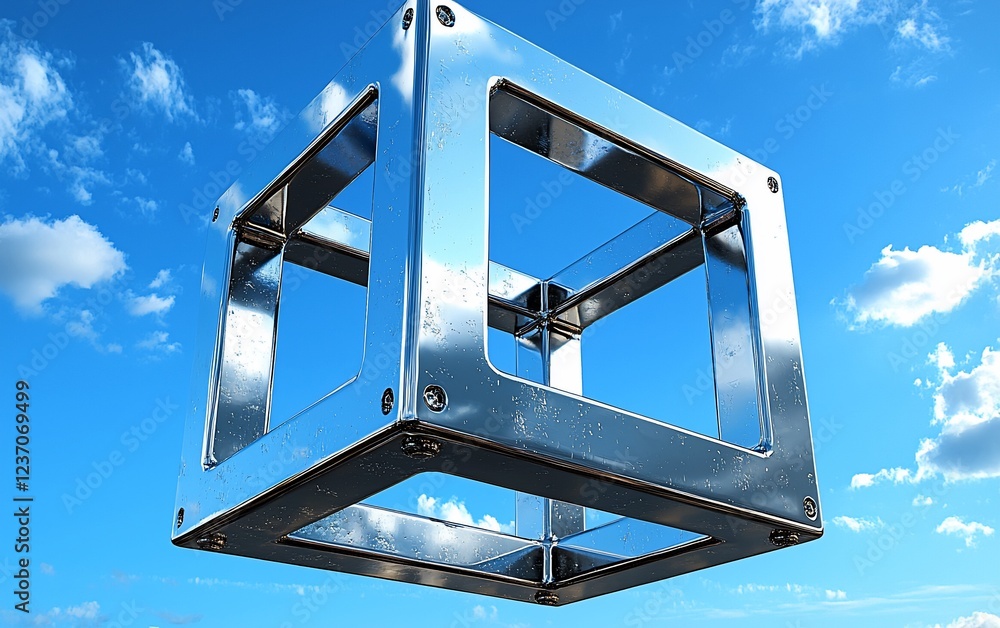 Poster chrome cube floating in blue sky.