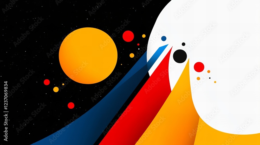 Poster abstract art featuring vibrant colors and geometric shapes against a dark background. bold hues crea